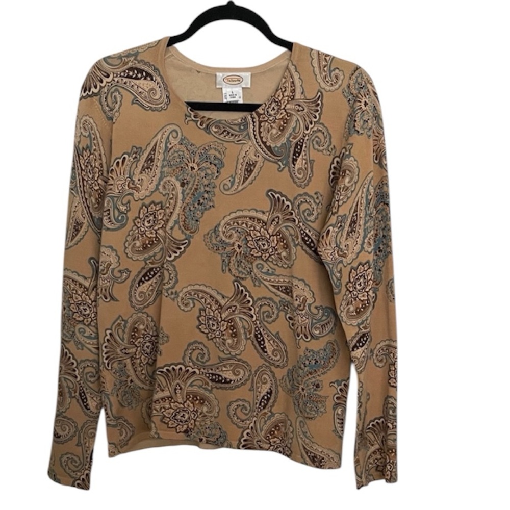 Vintage Talbots Silk Blend Paisley Print Long Sleeve Knit Top Tan Blue